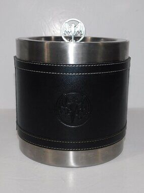 BACARDI RUM Ice Bucket Stainless Steal Lidded Bacardi Bat Faux Leather Bar